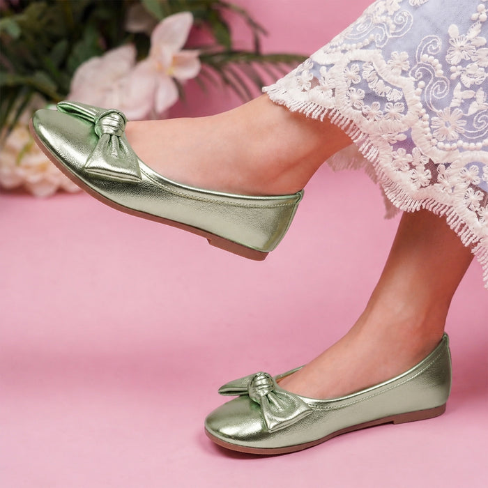 Kids Girls Ballerinas in Metallic Green with Bow Detail, Cushioned Comfort Fit for Occasion Wear