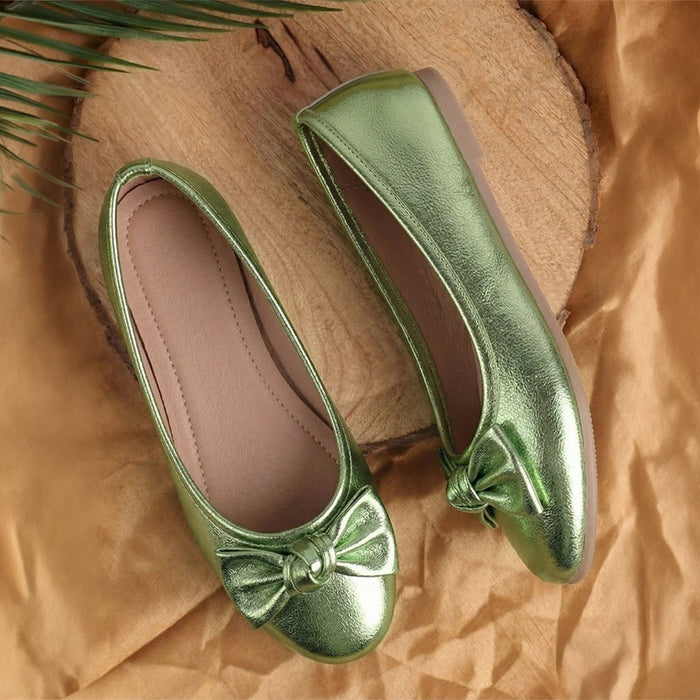 Kids Girls Ballerinas in Metallic Green with Bow Detail, Cushioned Comfort Fit for Occasion Wear