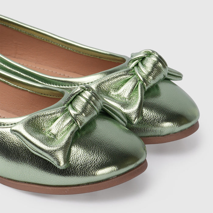 Kids Girls Ballerinas in Metallic Green with Bow Detail, Cushioned Comfort Fit for Occasion Wear