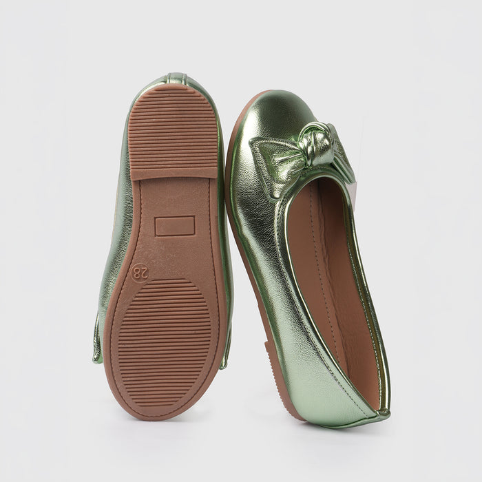 Kids Girls Ballerinas in Metallic Green with Bow Detail, Cushioned Comfort Fit for Occasion Wear