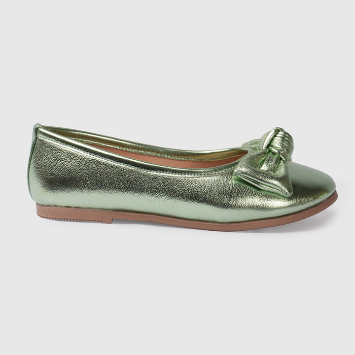 Kids Girls Ballerinas in Metallic Green with Bow Detail, Cushioned Comfort Fit for Occasion Wear