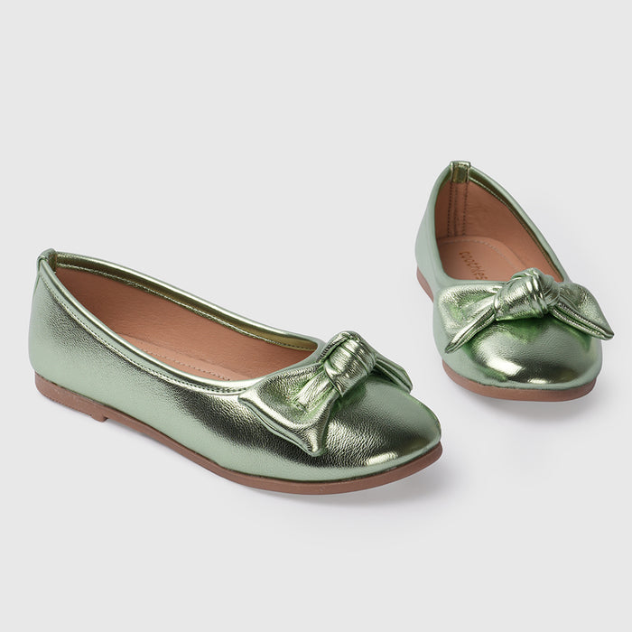 Kids Girls Ballerinas in Metallic Green with Bow Detail, Cushioned Comfort Fit for Occasion Wear
