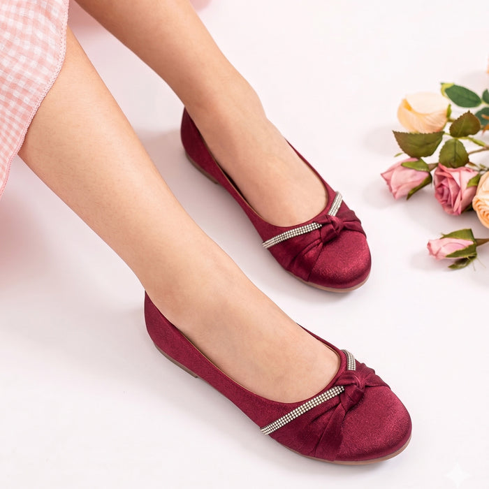 Kids Girls Ballerinas in Red with Bow Detail & Embellished Strap, Comfortable Occasion Wear