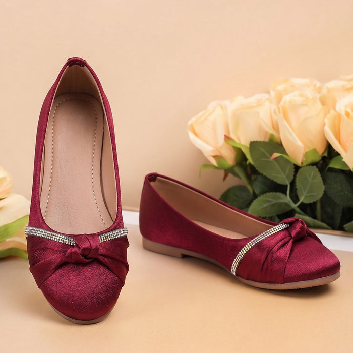 Kids Girls Ballerinas in Red with Bow Detail & Embellished Strap, Comfortable Occasion Wear