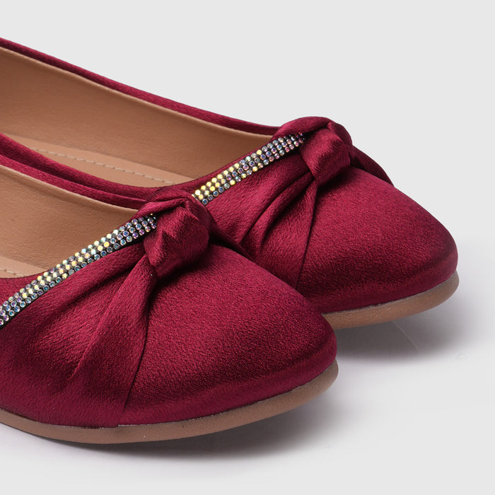 Kids Girls Ballerinas in Red with Bow Detail & Embellished Strap, Comfortable Occasion Wear