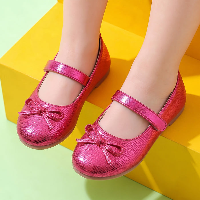 Kids Girls Ballerinas in Red with Comfort Fit, Secure Strap, Bow Detail & Shimmer Finish