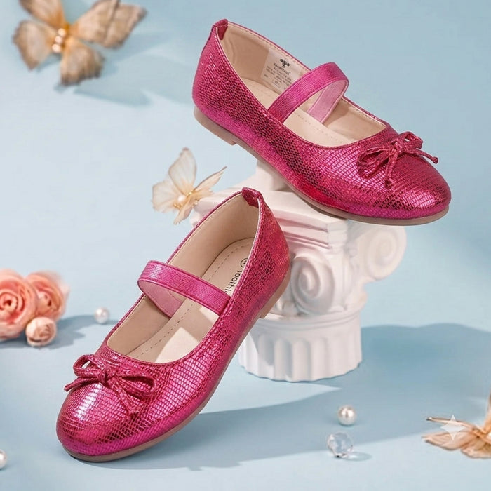 Kids Girls Ballerinas in Red with Comfort Fit, Secure Strap, Bow Detail & Shimmer Finish