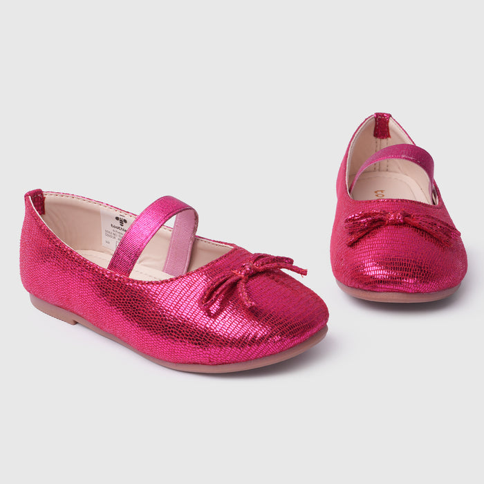 Kids Girls Ballerinas in Red with Comfort Fit, Secure Strap, Bow Detail & Shimmer Finish