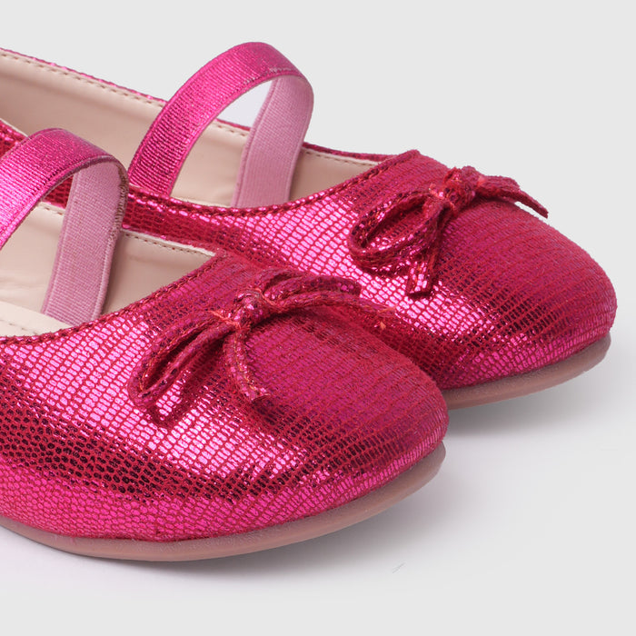Kids Girls Ballerinas in Red with Comfort Fit, Secure Strap, Bow Detail & Shimmer Finish