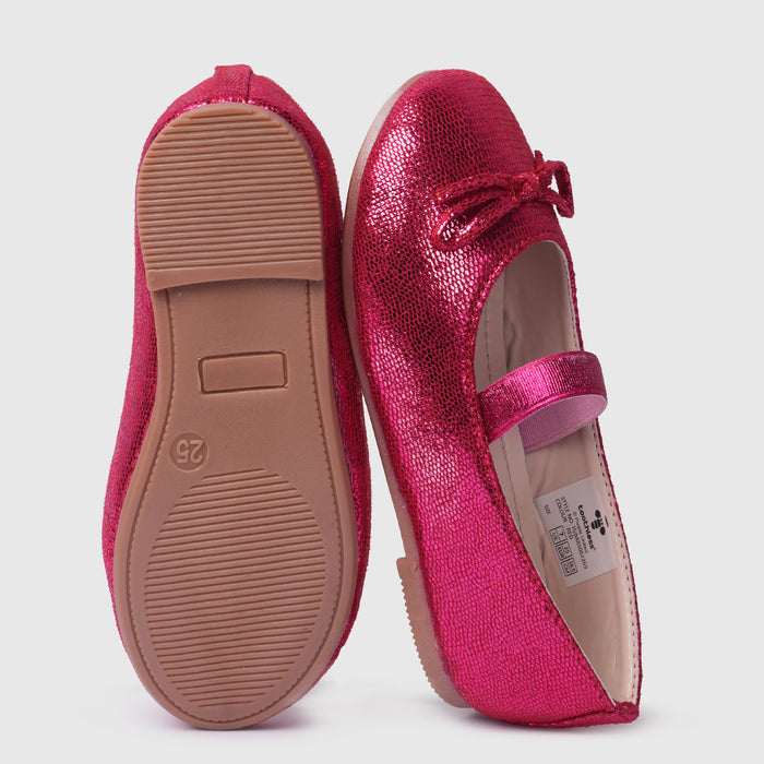 Kids Girls Ballerinas in Red with Comfort Fit, Secure Strap, Bow Detail & Shimmer Finish
