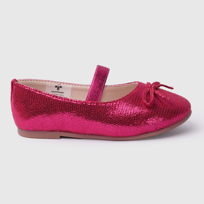 Kids Girls Ballerinas in Red with Comfort Fit, Secure Strap, Bow Detail & Shimmer Finish