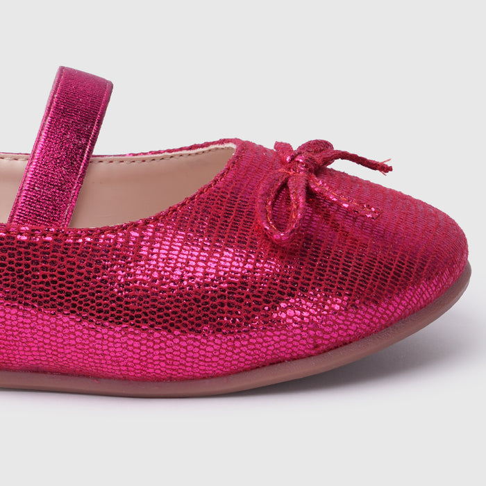 Kids Girls Ballerinas in Red with Comfort Fit, Secure Strap, Bow Detail & Shimmer Finish