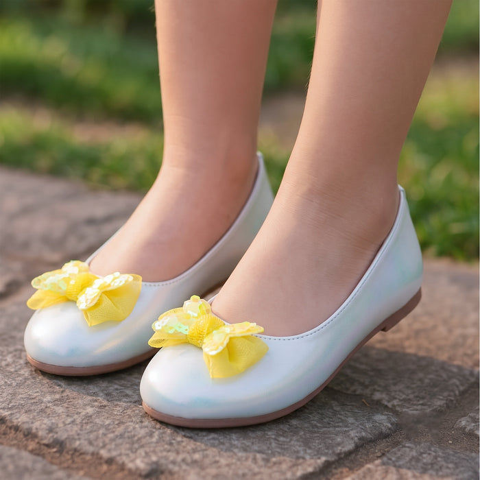 Kids Girls Ballerinas in Sky Blue with Shimmer Finish, Bow Detail & Cushioned