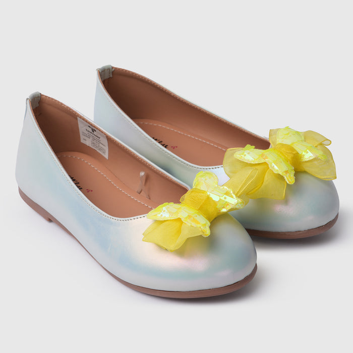 Kids Girls Ballerinas in Sky Blue with Shimmer Finish, Bow Detail & Cushioned