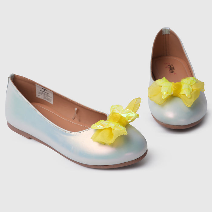Kids Girls Ballerinas in Sky Blue with Shimmer Finish, Bow Detail & Cushioned