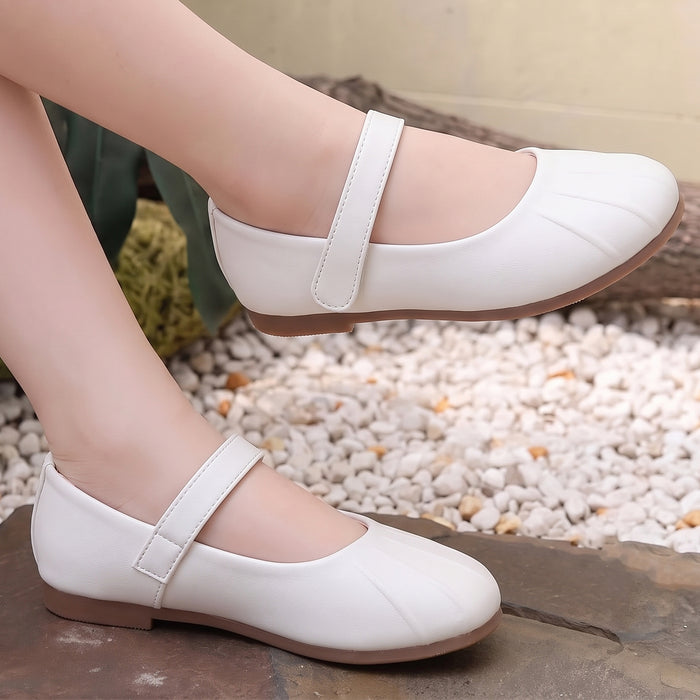 Kids Girls Ballerinas in White with Pleated Toe, Mary Jane Strap & Flat Comfortable Sole