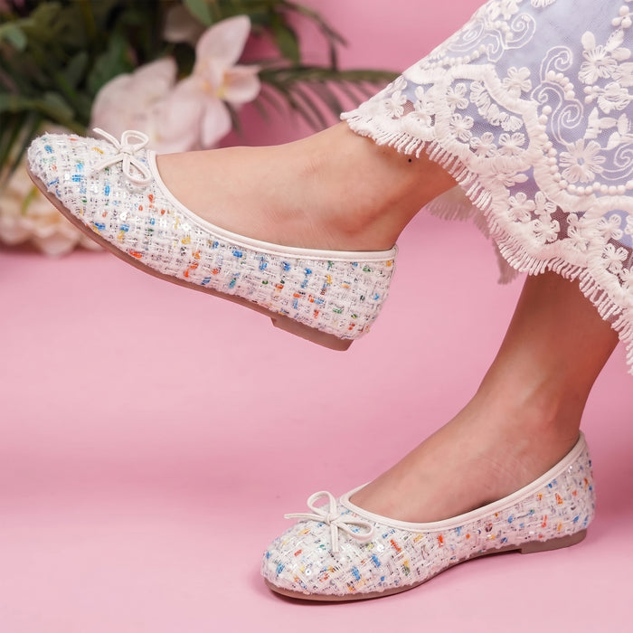 Kids Girls Ballerinas in White with Woven Multicolor Sequin Texture & Comfort Slip-On Fit