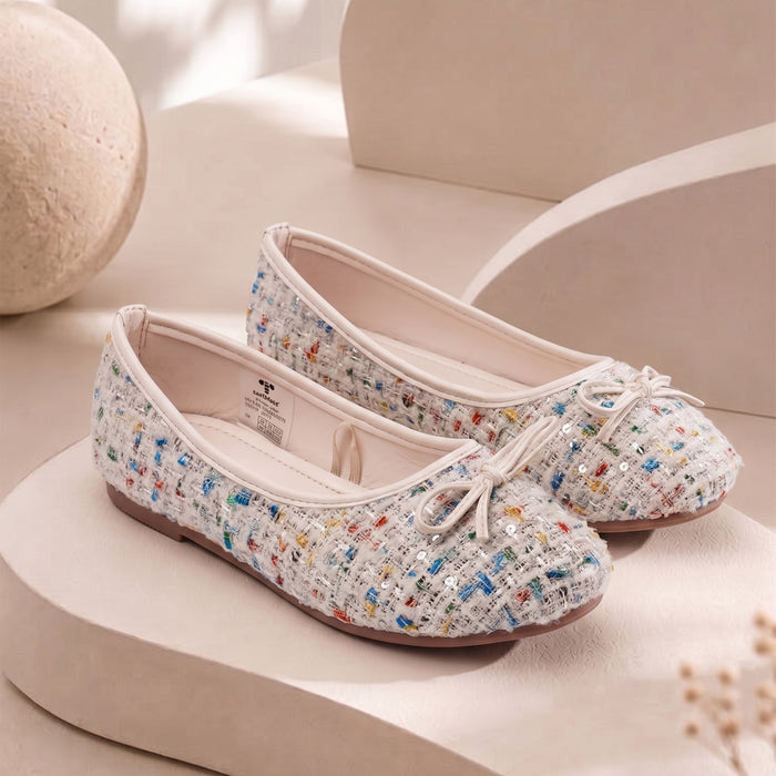 Kids Girls Ballerinas in White with Woven Multicolor Sequin Texture & Comfort Slip-On Fit