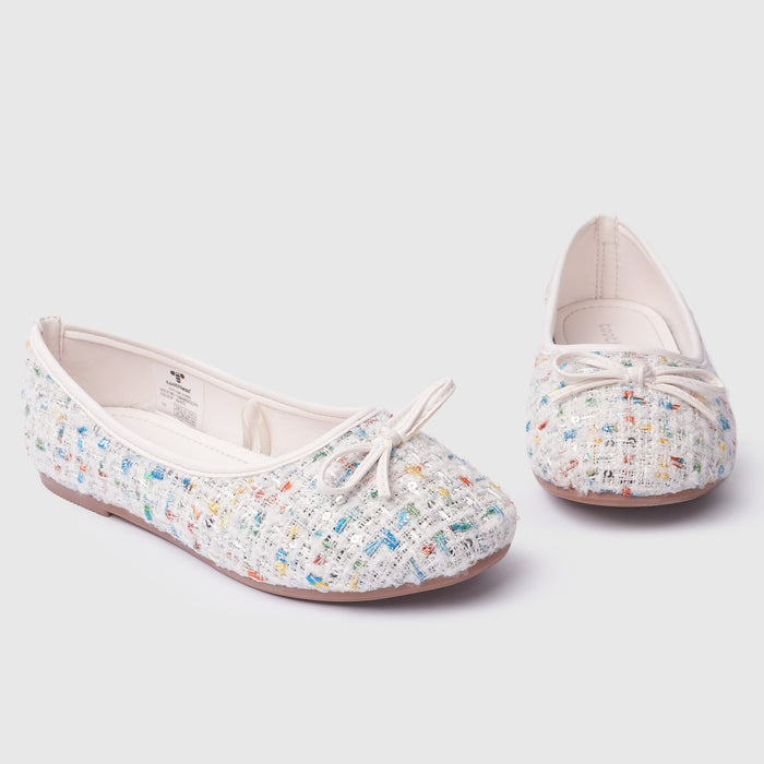 Kids Girls Ballerinas in White with Woven Multicolor Sequin Texture & Comfort Slip-On Fit