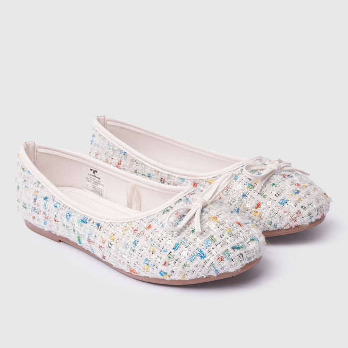 Kids Girls Ballerinas in White with Woven Multicolor Sequin Texture & Comfort Slip-On Fit