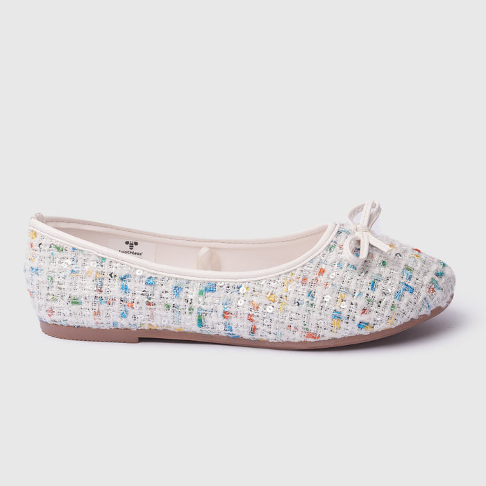 Kids Girls Ballerinas in White with Woven Multicolor Sequin Texture & Comfort Slip-On Fit