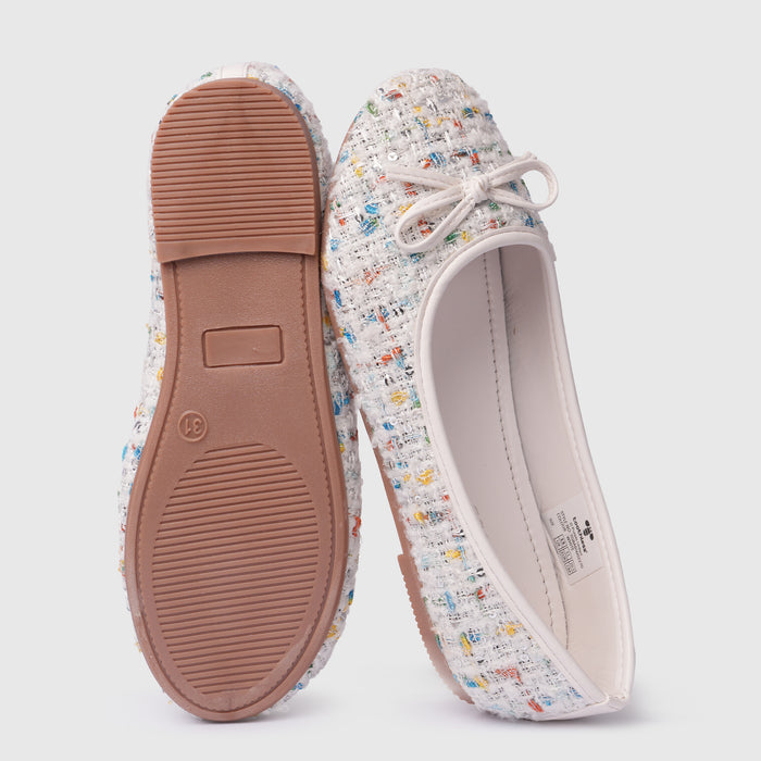 Kids Girls Ballerinas in White with Woven Multicolor Sequin Texture & Comfort Slip-On Fit