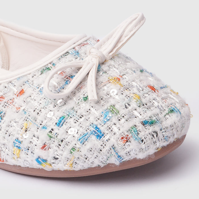 Kids Girls Ballerinas in White with Woven Multicolor Sequin Texture & Comfort Slip-On Fit