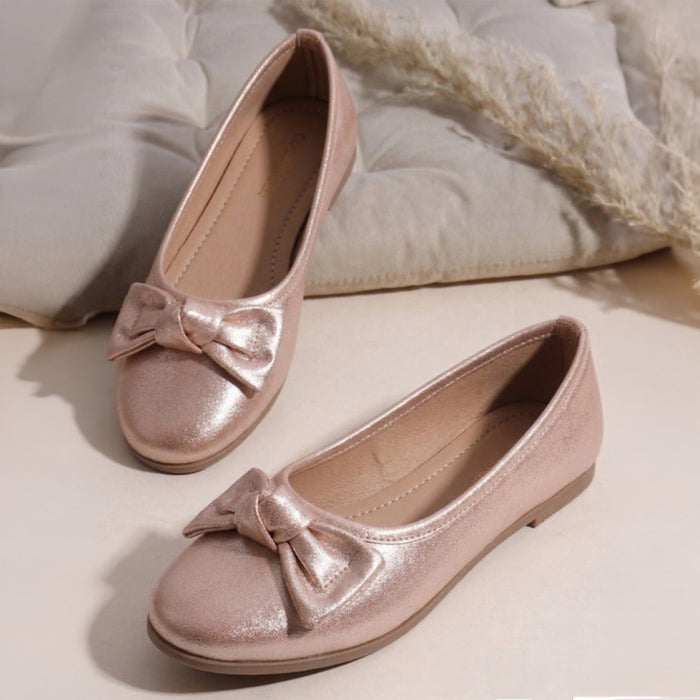 Kids Girls Ballerinas Rose Gold Bow Detail & Cushioned Comfort Fit Ballet Flats