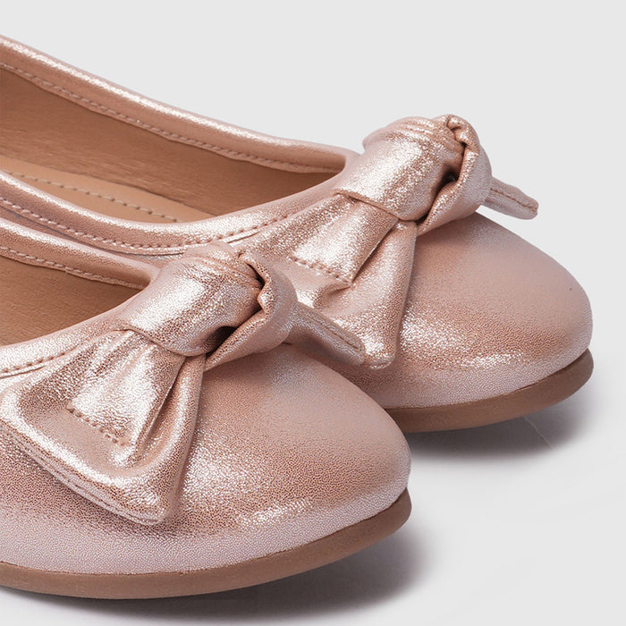 Kids Girls Ballerinas Rose Gold Bow Detail & Cushioned Comfort Fit Ballet Flats