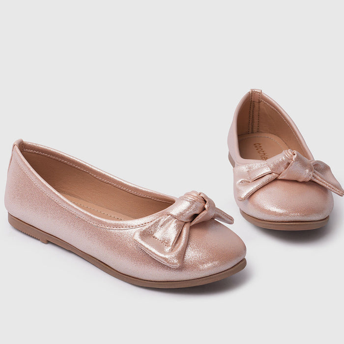Kids Girls Ballerinas Rose Gold Bow Detail & Cushioned Comfort Fit Ballet Flats