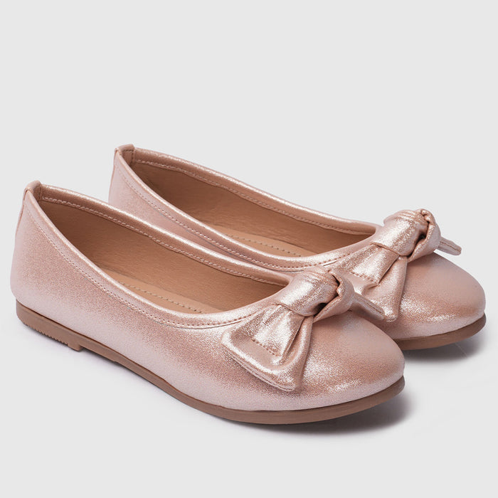 Kids Girls Ballerinas Rose Gold Bow Detail & Cushioned Comfort Fit Ballet Flats