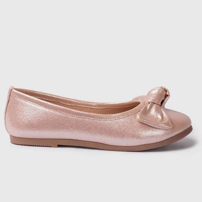 Kids Girls Ballerinas Rose Gold Bow Detail & Cushioned Comfort Fit Ballet Flats