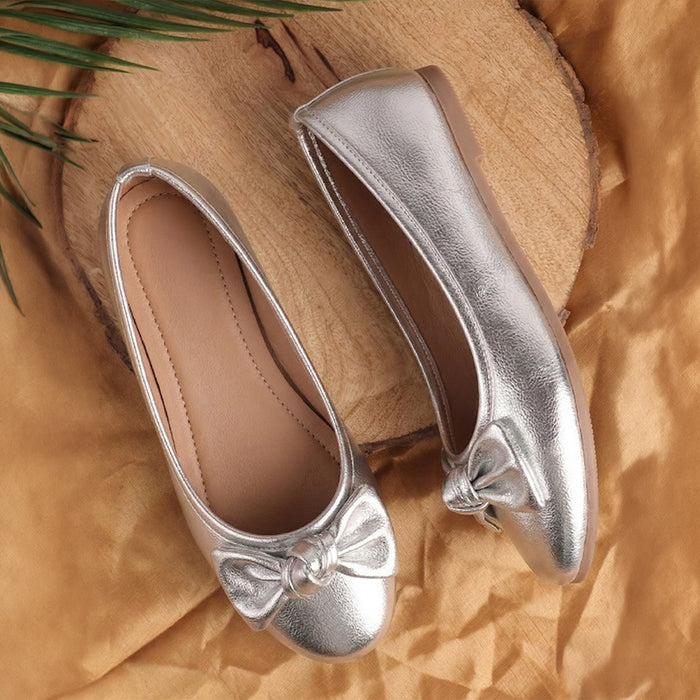 Kids Girls Ballerinas Silver Bow Detail & Cushioned Comfort Fit Ballet Flats