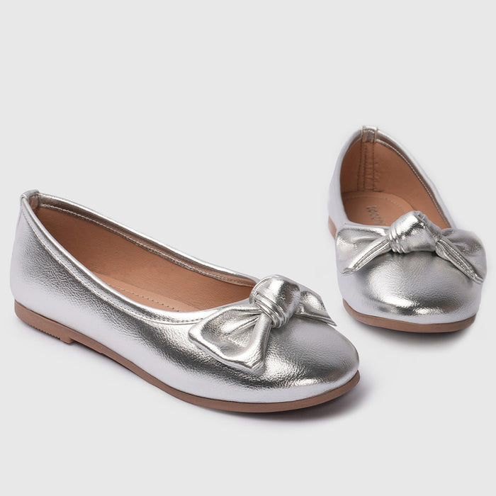 Kids Girls Ballerinas Silver Bow Detail & Cushioned Comfort Fit Ballet Flats