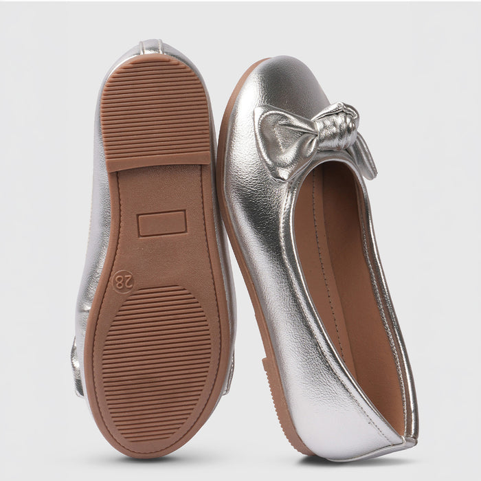 Kids Girls Ballerinas Silver Bow Detail & Cushioned Comfort Fit Ballet Flats