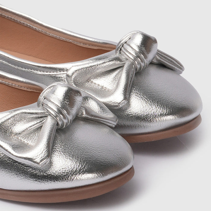 Kids Girls Ballerinas Silver Bow Detail & Cushioned Comfort Fit Ballet Flats