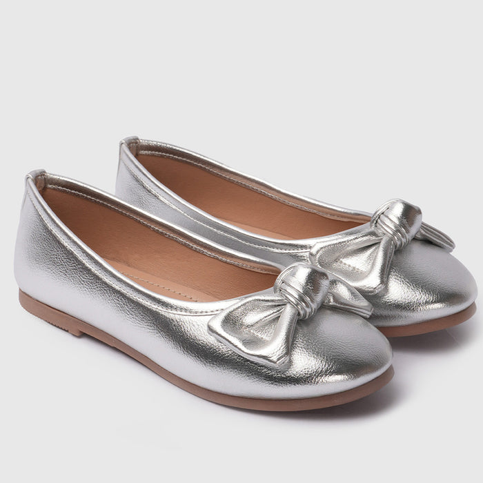 Kids Girls Ballerinas Silver Bow Detail & Cushioned Comfort Fit Ballet Flats