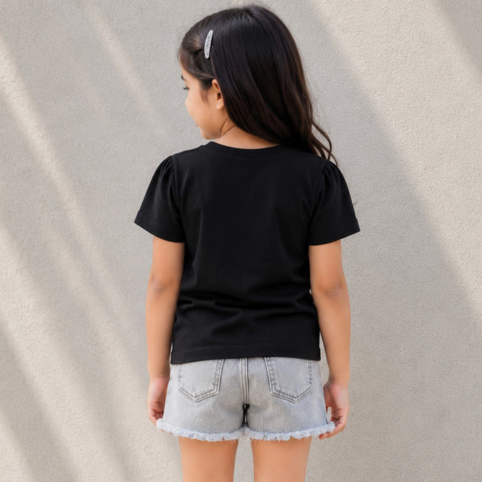 Kids Girls Black T-Shirt with Rhinestone Drip Artwork