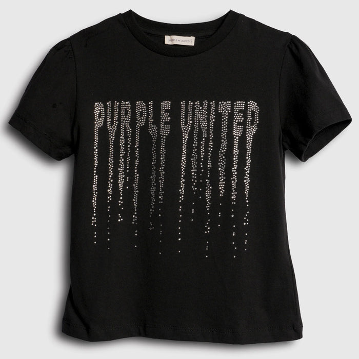 Kids Girls Black T-Shirt with Rhinestone Drip Artwork
