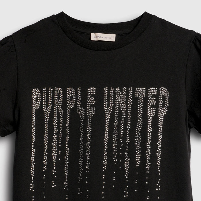 Kids Girls Black T-Shirt with Rhinestone Drip Artwork