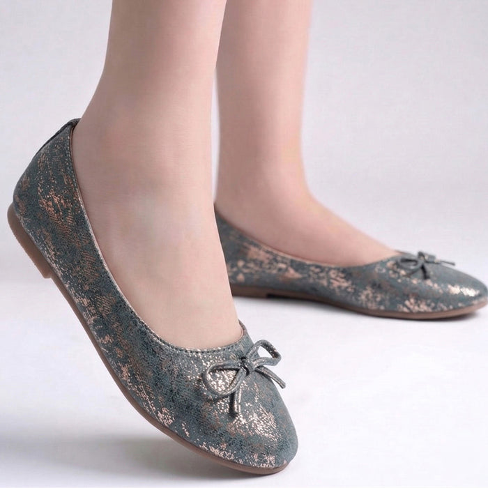 Kids Girls Blue Textured Ballerina Flats with Bow Detail & Flexible TPR Comfort Sole