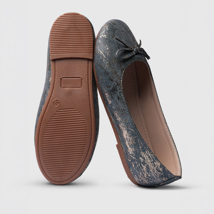 Kids Girls Blue Textured Ballerina Flats with Bow Detail & Flexible TPR Comfort Sole