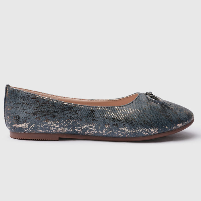 Kids Girls Blue Textured Ballerina Flats with Bow Detail & Flexible TPR Comfort Sole