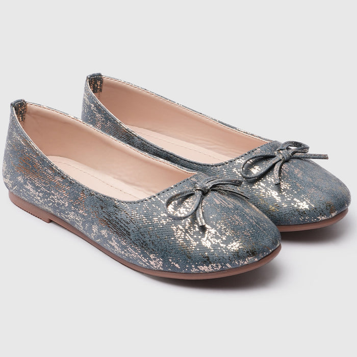 Kids Girls Blue Textured Ballerina Flats with Bow Detail & Flexible TPR Comfort Sole