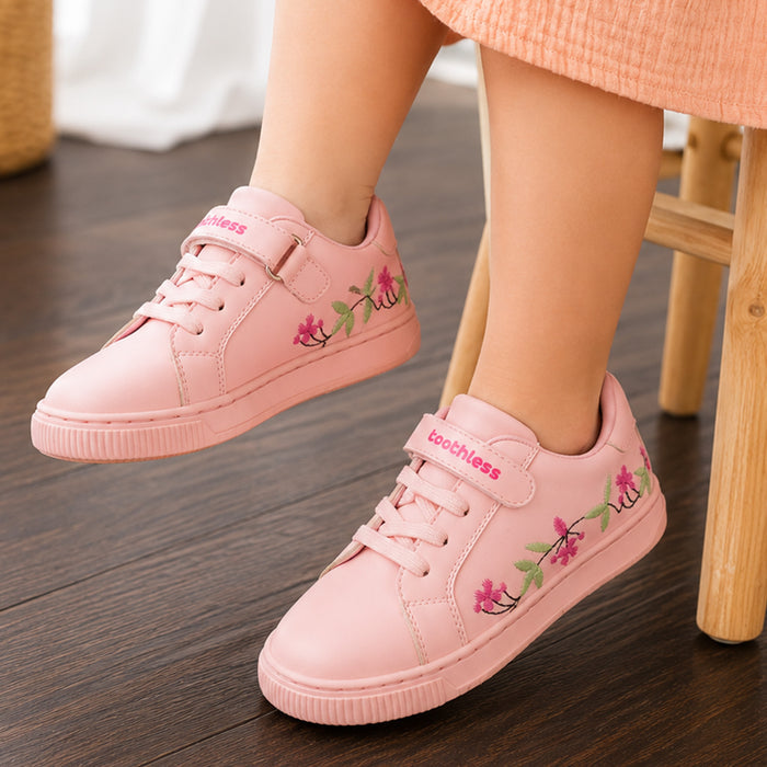 Kids Girls Casual Shoes in Pink with Floral Embroidery, Strap Closure & Cushioned Comfort
