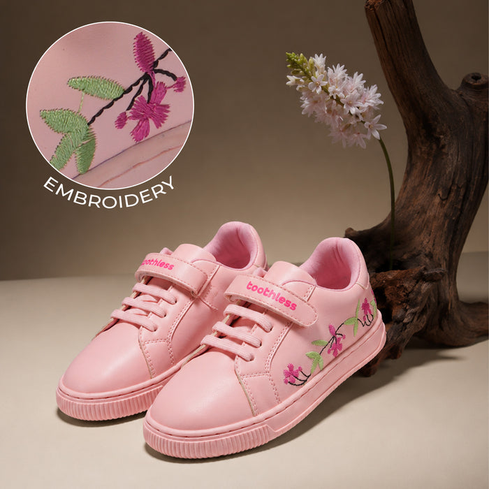 Kids Girls Casual Shoes in Pink with Floral Embroidery, Strap Closure & Cushioned Comfort