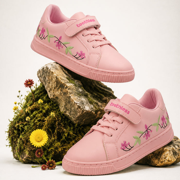 Kids Girls Casual Shoes in Pink with Floral Embroidery, Strap Closure & Cushioned Comfort