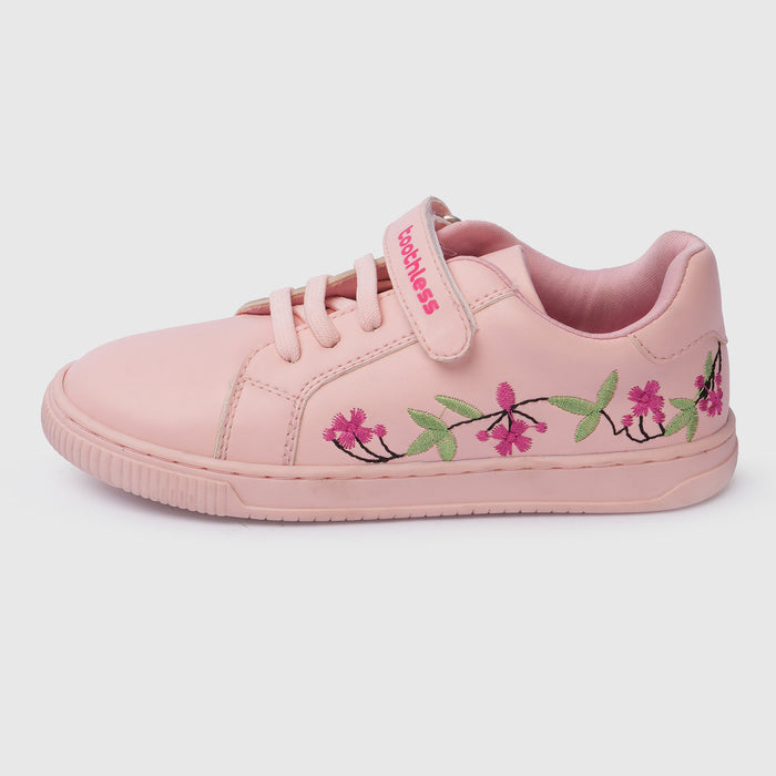 Kids Girls Casual Shoes in Pink with Floral Embroidery, Strap Closure & Cushioned Comfort