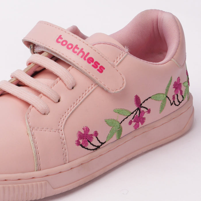 Kids Girls Casual Shoes in Pink with Floral Embroidery, Strap Closure & Cushioned Comfort