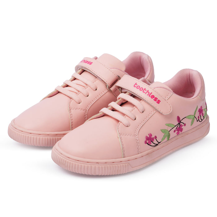 Kids Girls Casual Shoes in Pink with Floral Embroidery, Strap Closure & Cushioned Comfort